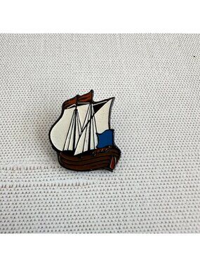 Vintage Enamel Sailing Ship Brooch European Maker Marked Pin
